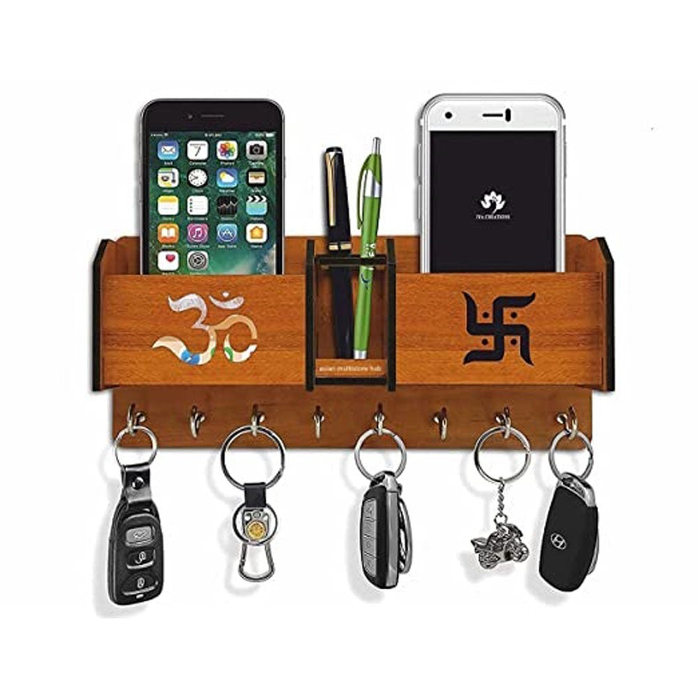 Wooden wall mounted phone and key holder