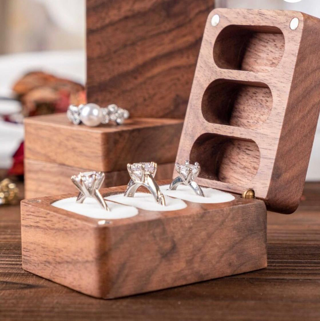 Wooden ring and jewellery storage box with compartments