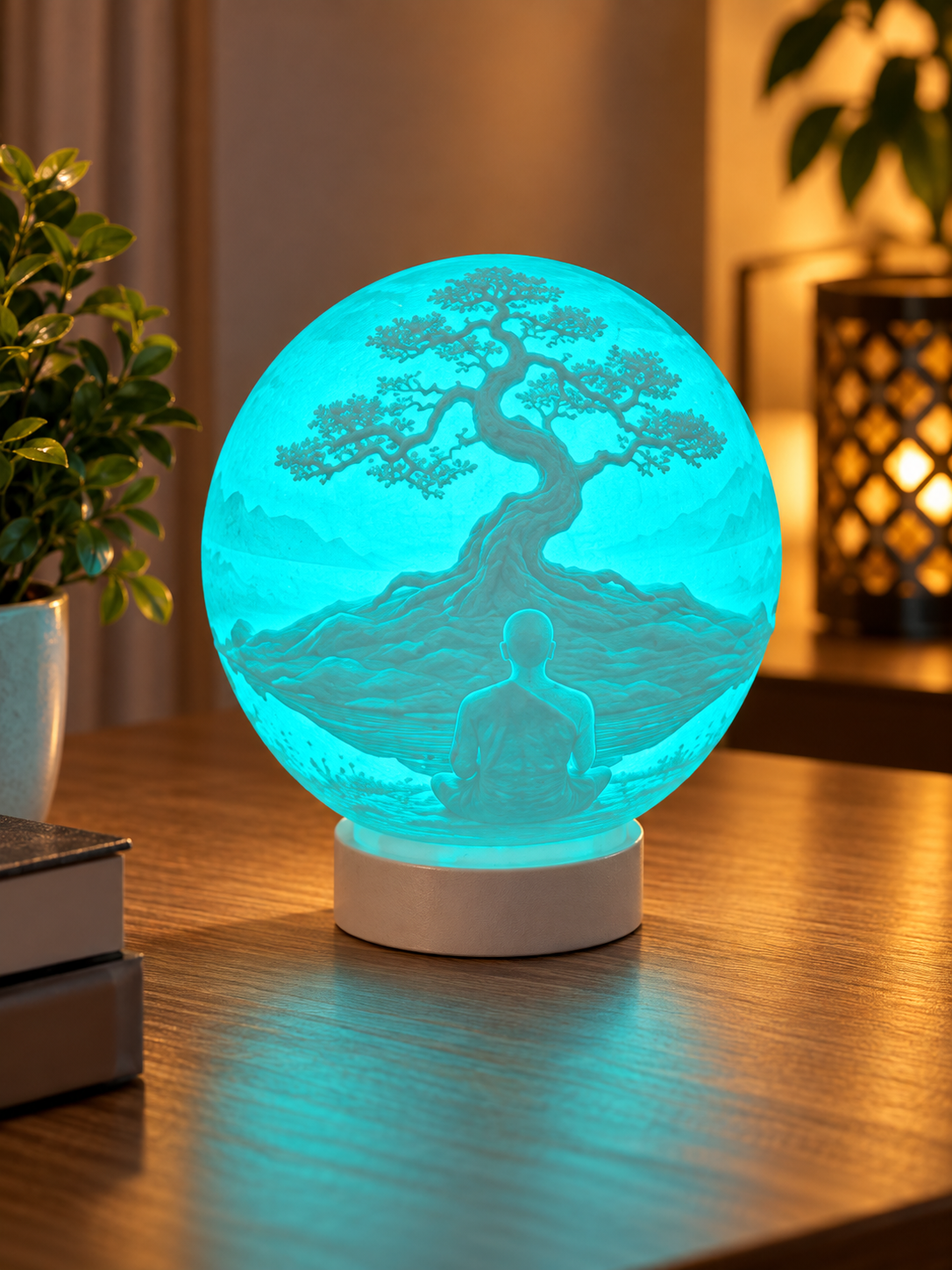 A glowing LED crystal ball night light with a carved bonsai tree and meditating figure, sitting on a wooden table in a warmly lit room.
