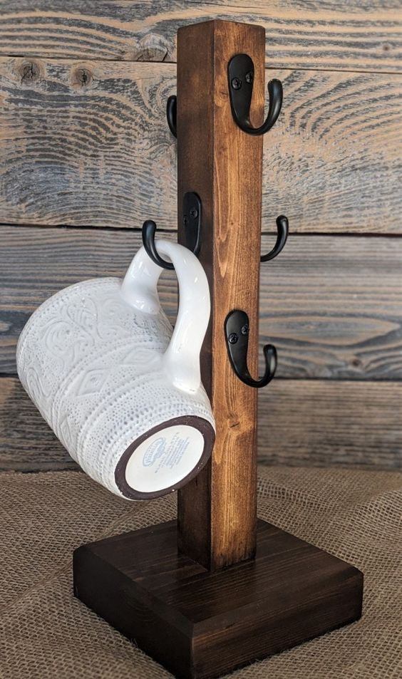 Wooden mug holder stand with hooks