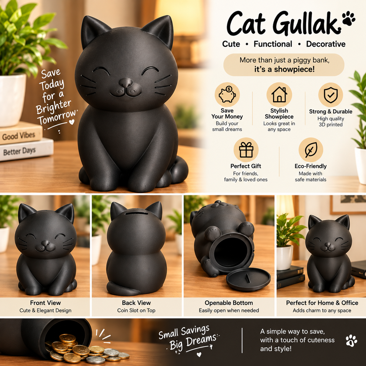 Cute Cat 3D Printed Gullak – Coin Bank
