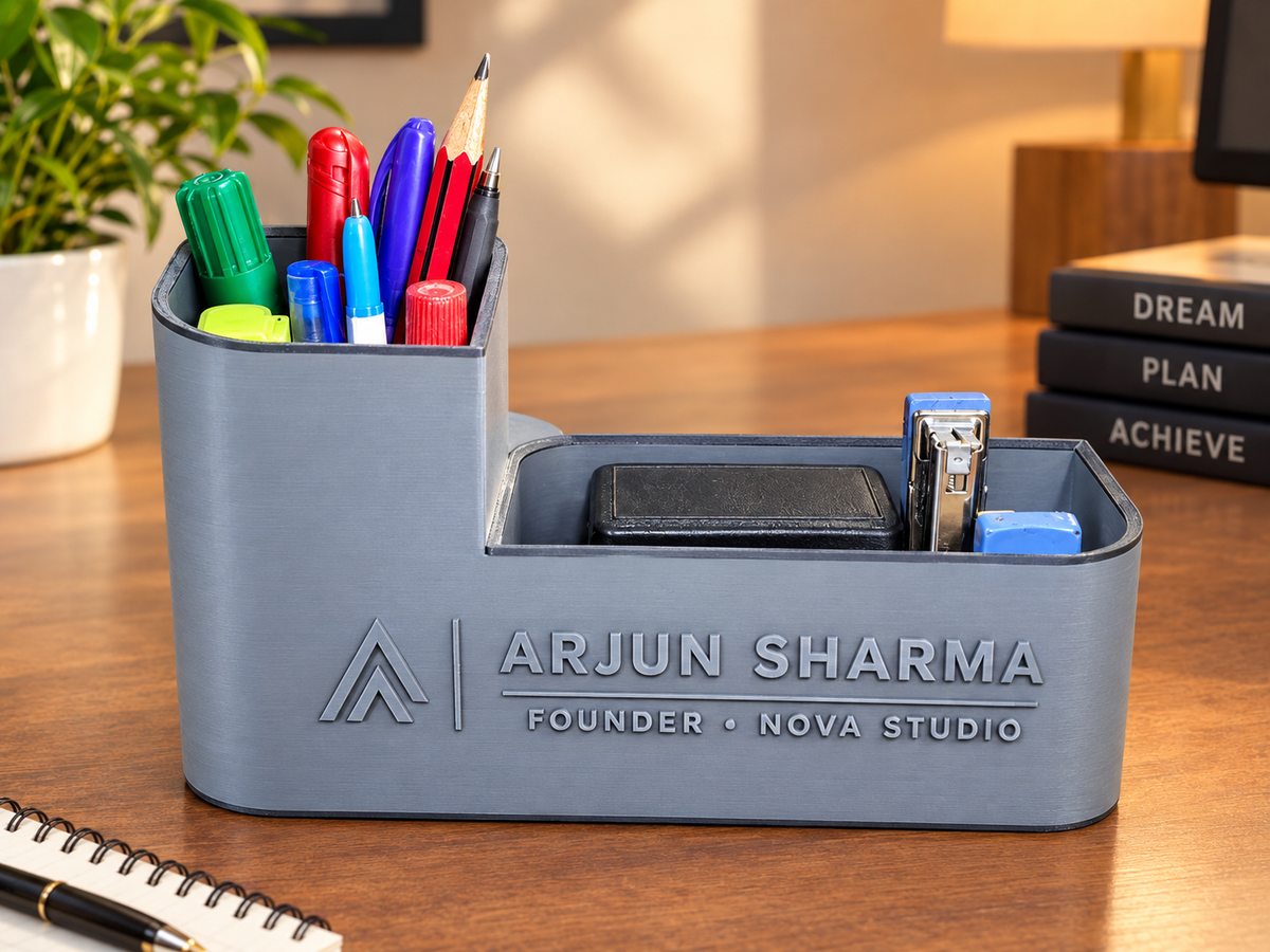 3D Printed Multi-Compartment Desk Organizer – Custom Name & Logo Office Stationery Holder