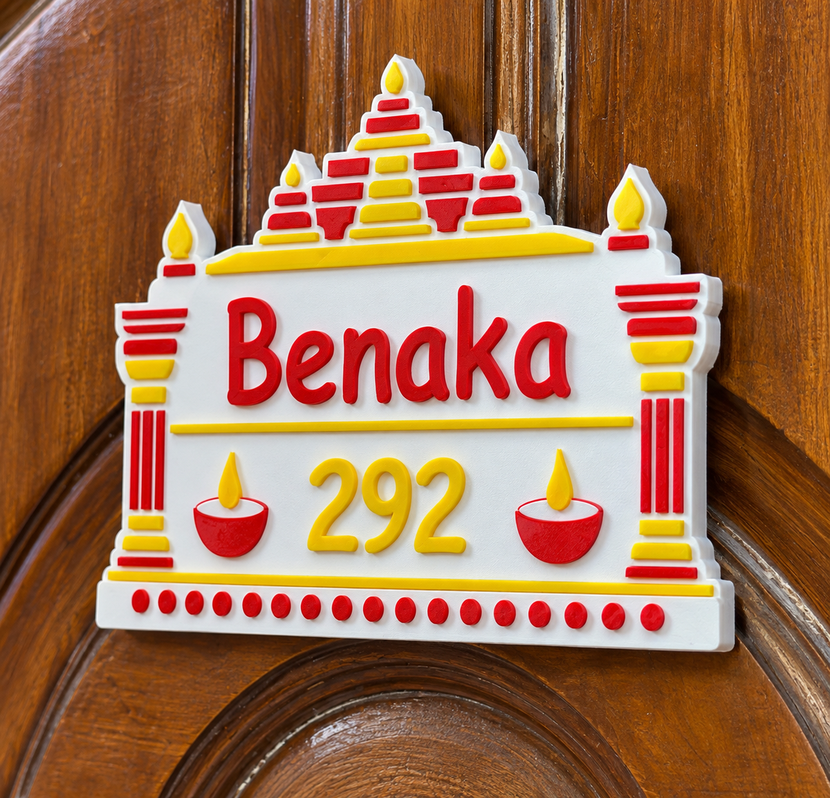 3D Printed Mandir Theme Home Name Plate – Personalized Name & House Number