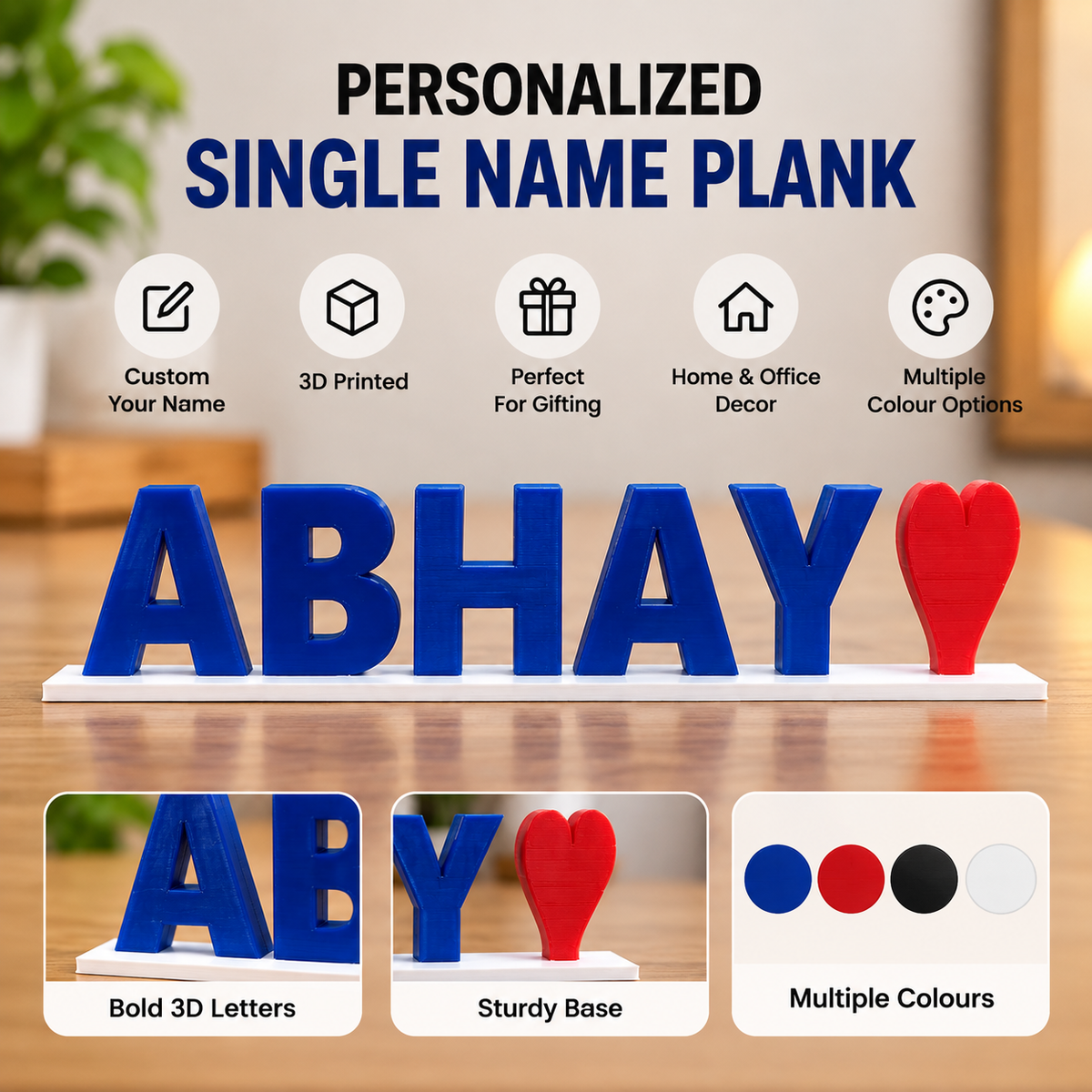 Personalized 3D Printed Single Name Plank – Custom Name Tabletop Decor