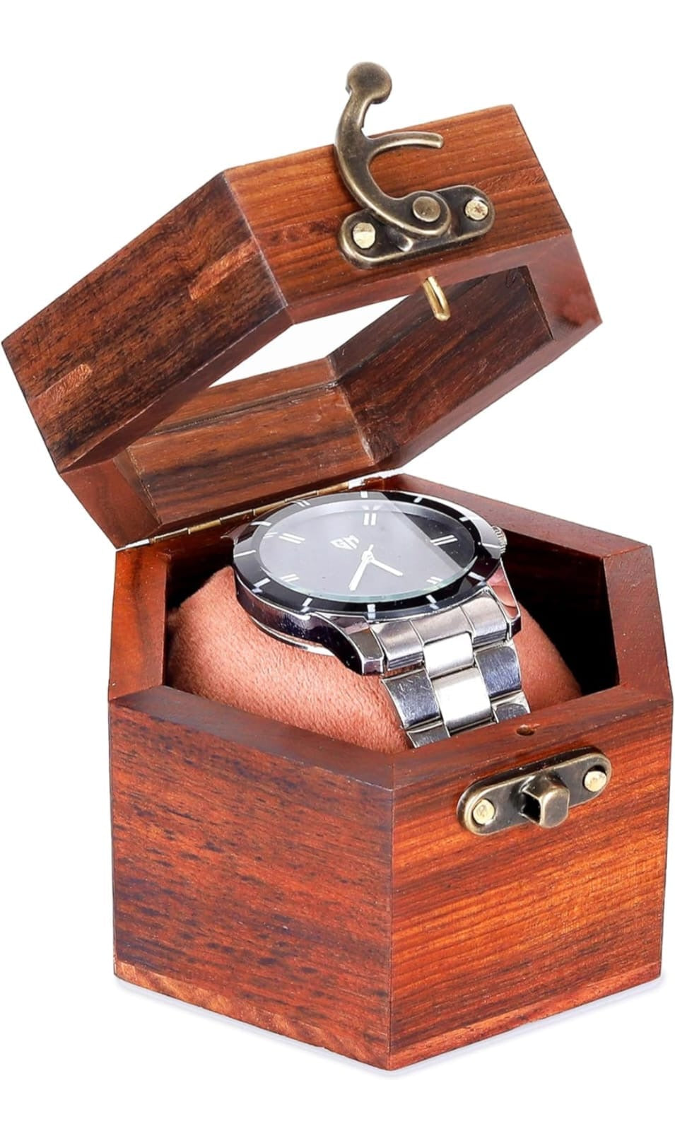 Personalized wooden watch box with hinged lid